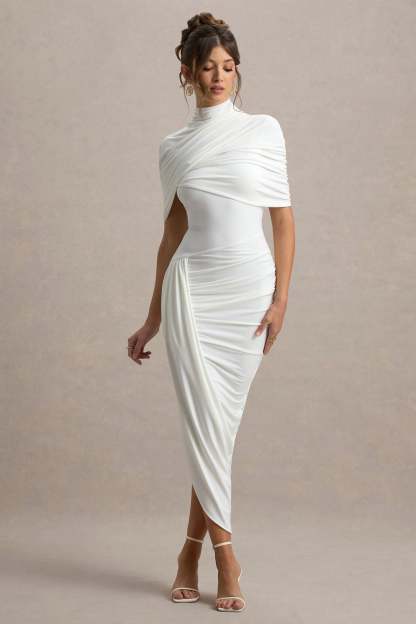 Gemma White Asymmetric Twisted Cape Midi Dress