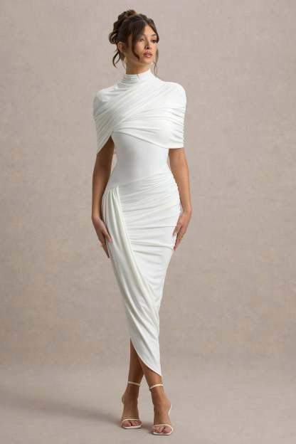 Gemma White Asymmetric Twisted Cape Midi Dress