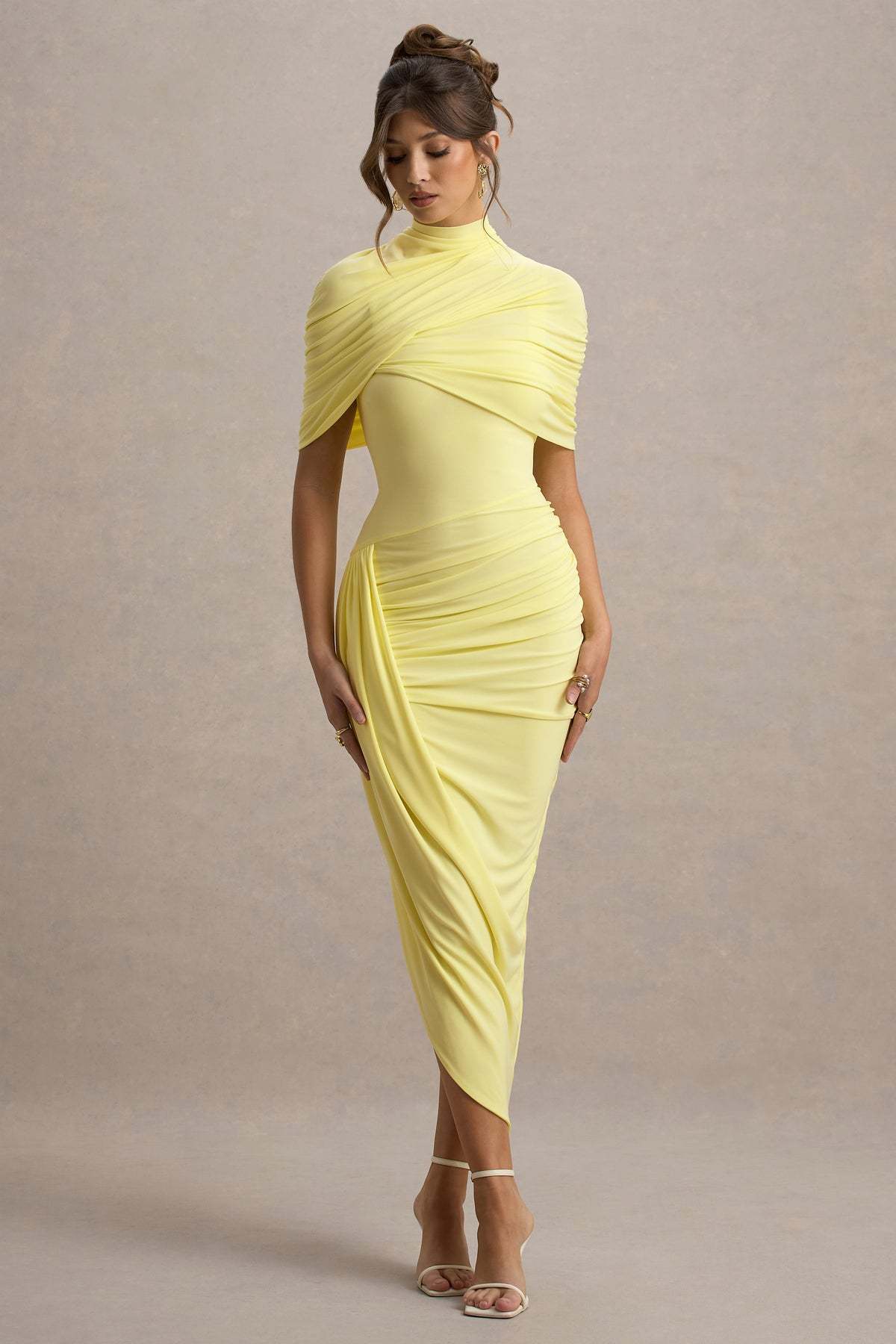 Gemma Yellow Asymmetric Twisted Cape Midi Dress