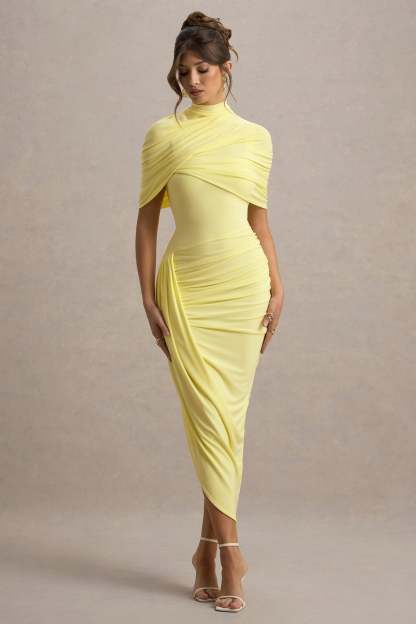 Gemma Yellow Asymmetric Twisted Cape Midi Dress