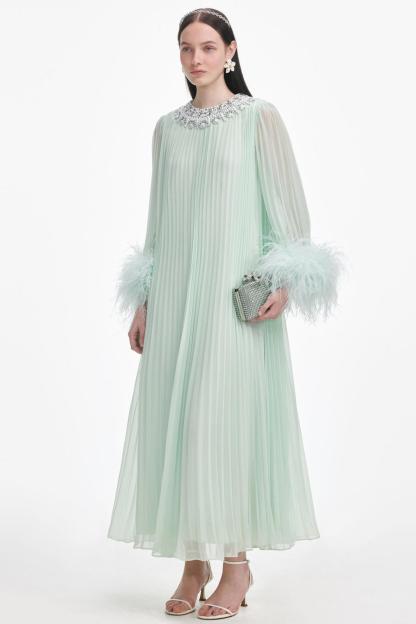 Brianna Feather Splicing Round Neck Midi Dress