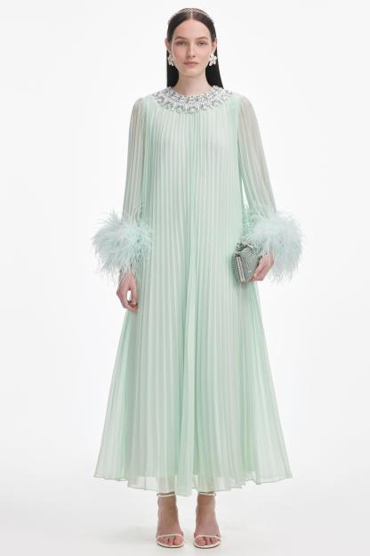 Brianna Feather Splicing Round Neck Midi Dress