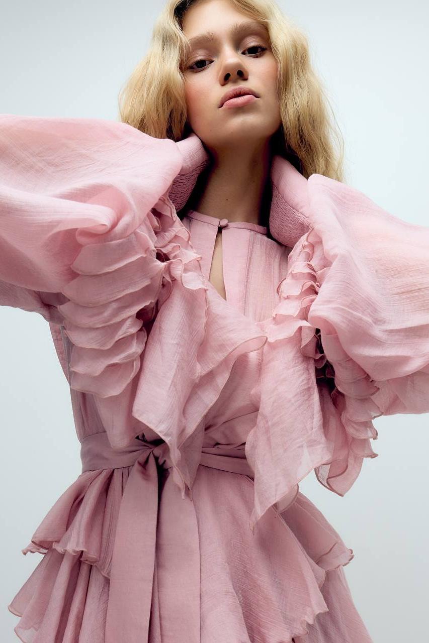 Michelle Solid Ruffle Lantern Sleeve Mini Dress With Belt