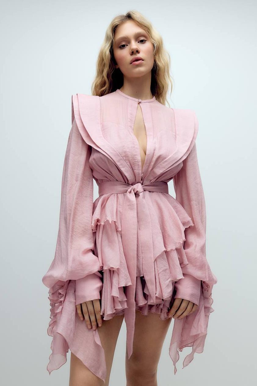 Michelle Solid Ruffle Lantern Sleeve Mini Dress With Belt