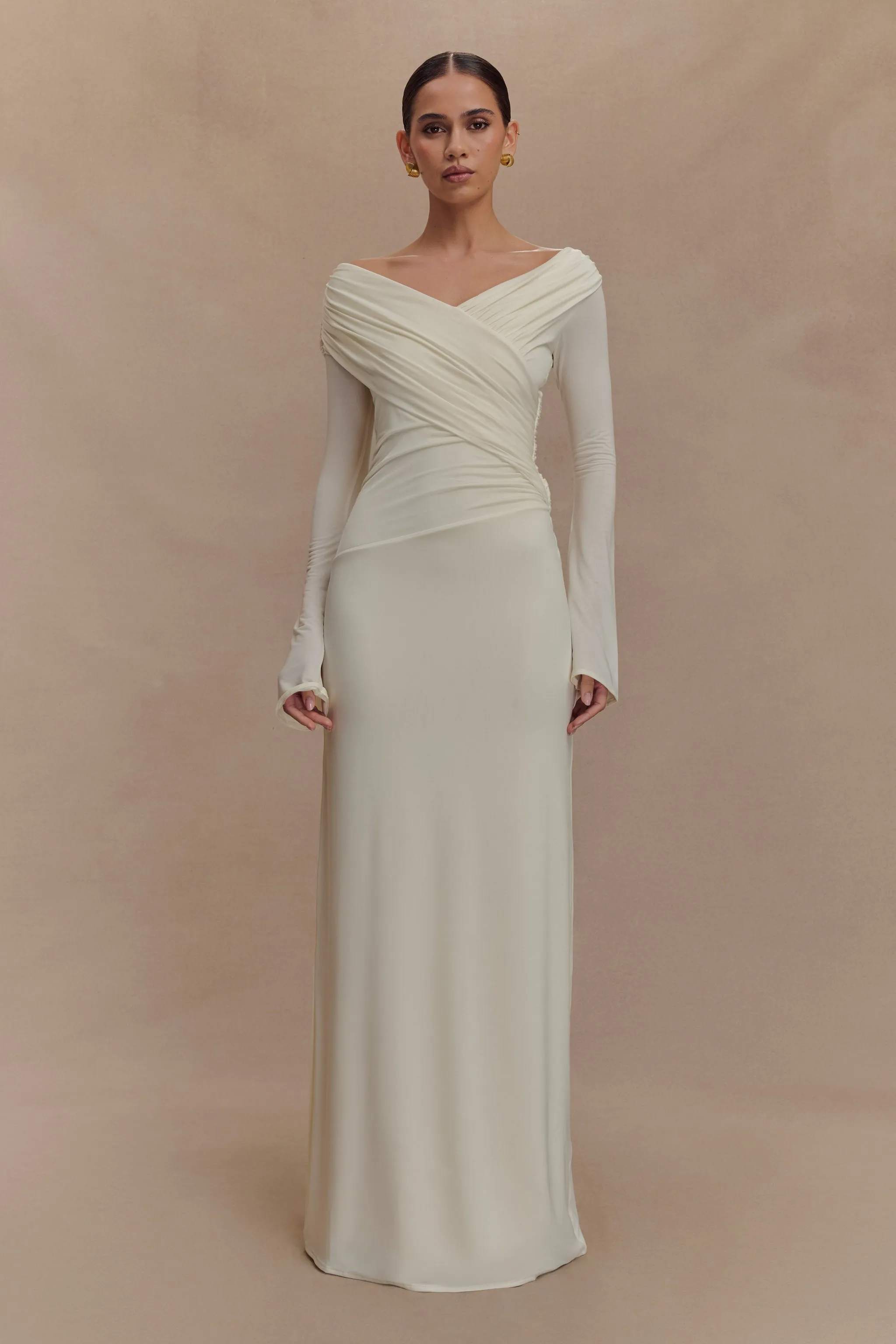 Bianca White Jersey Gathering Off-Shoulder Maxi Dress