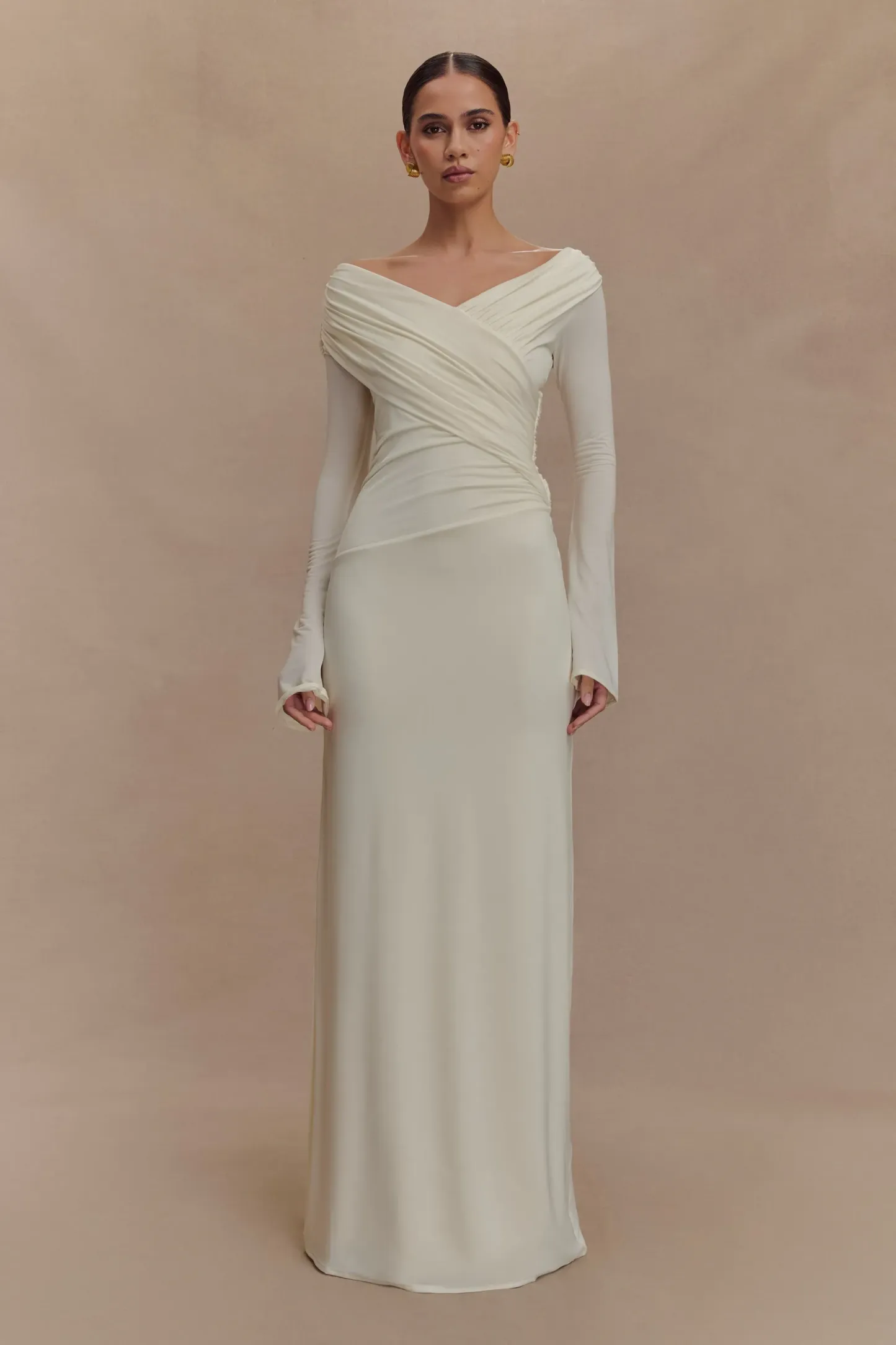Bianca White Jersey Gathering Off-Shoulder Maxi Dress