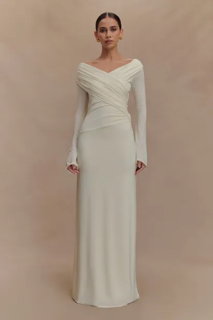 Bianca White Jersey Gathering Off-Shoulder Maxi Dress