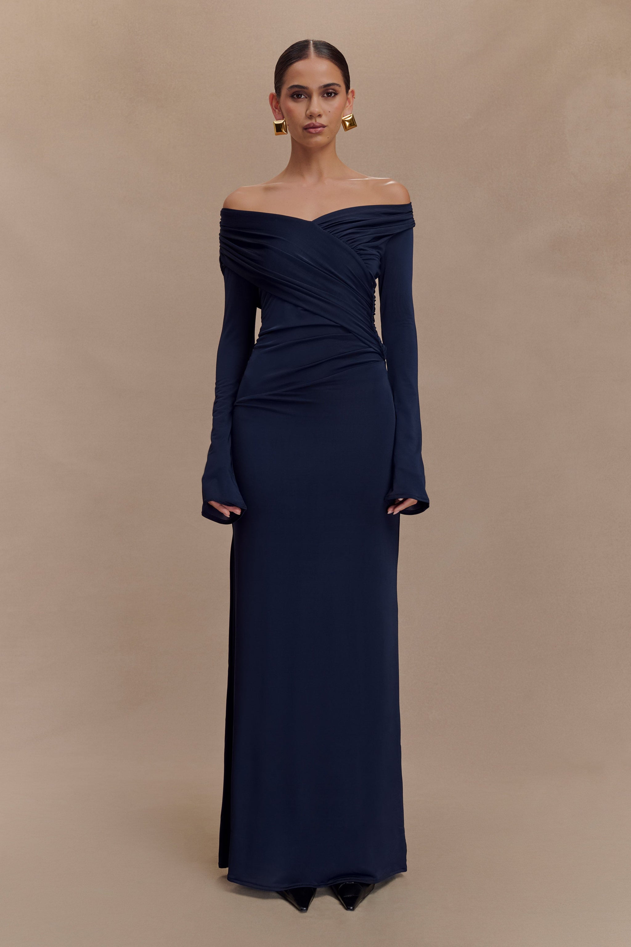 Bianca Navy Jersey Gathering Off-Shoulder Maxi Dress