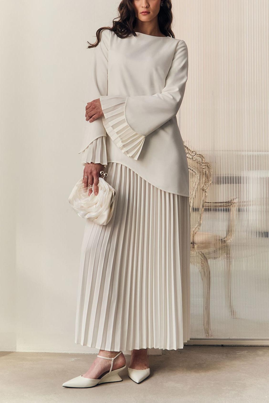 Ilona Pleated Bell Sleeve Top & High Waist Midi Skirt Set