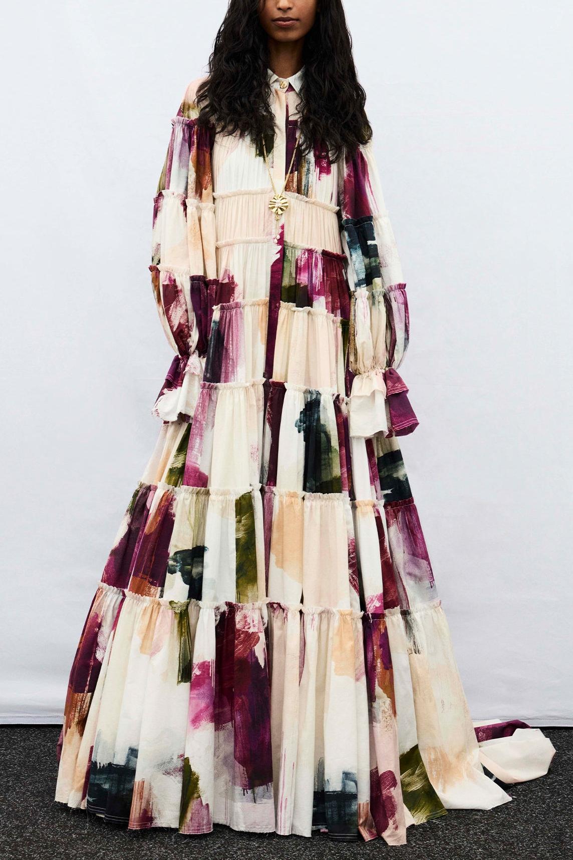 Gina Ruffle Single Breasted Lantern Sleeve Maxi Dress