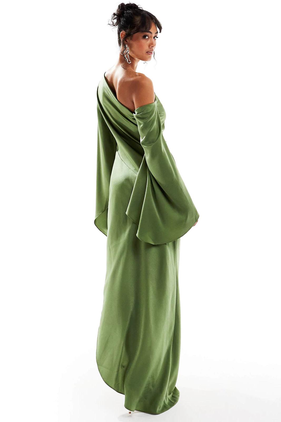 Nina Satin Skew Collar Slit Midi Dress