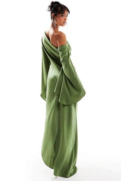 Nina Satin Skew Collar Slit Midi Dress