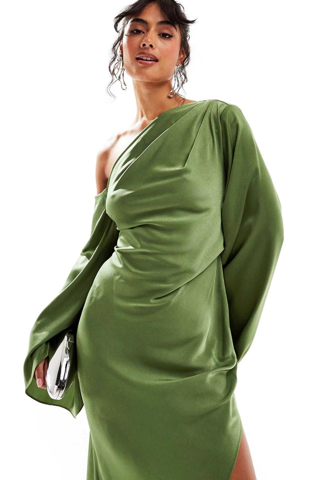 Nina Satin Skew Collar Slit Midi Dress