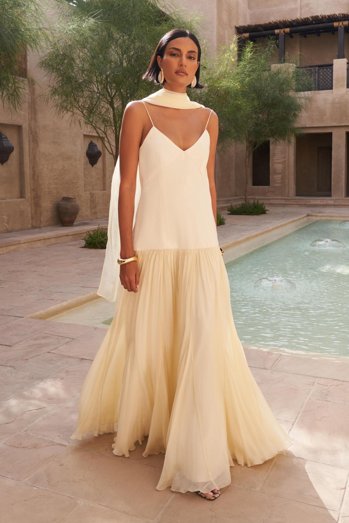 Isha Satin Splicing Chiffon Maxi Dress With Cape