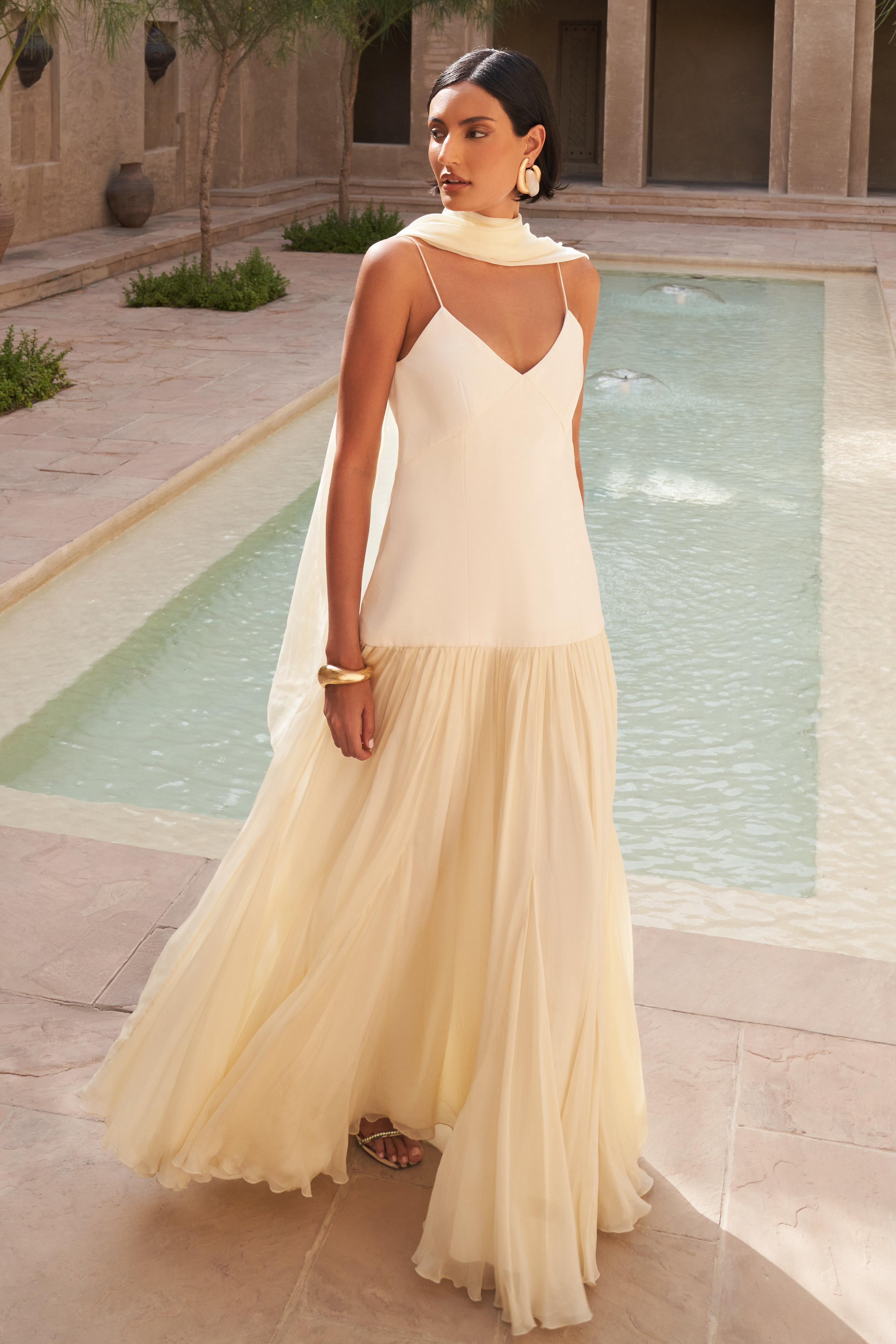 Isha Satin Splicing Chiffon Maxi Dress With Cape