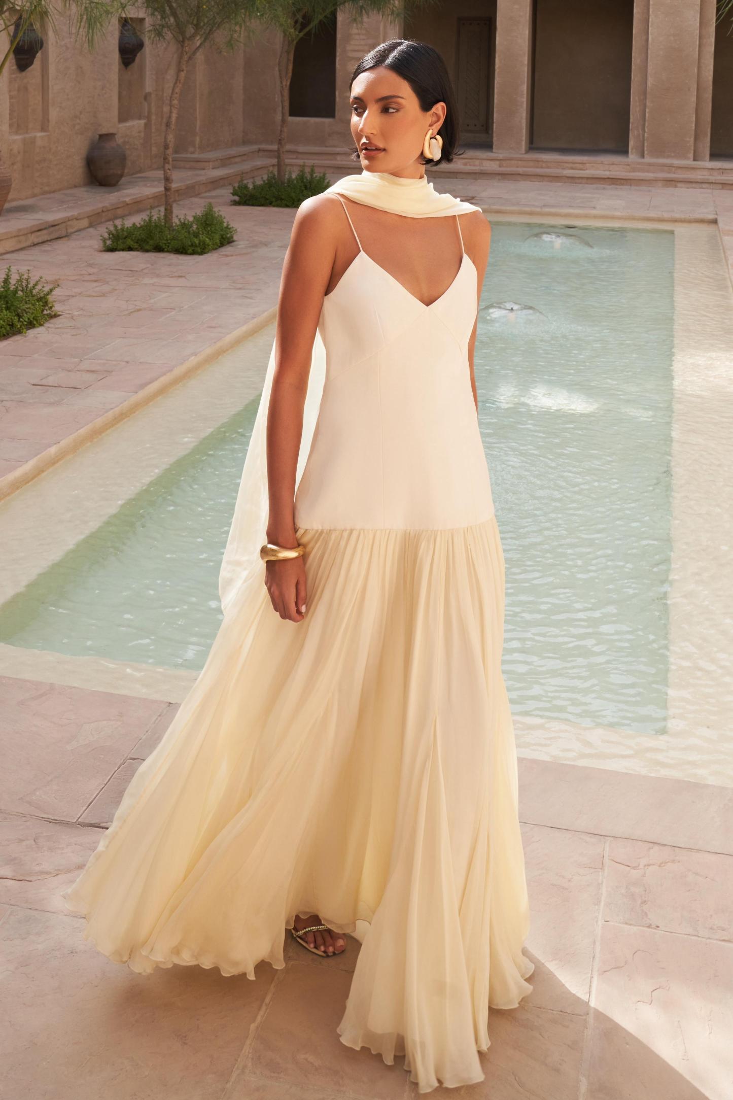 Isha Satin Splicing Chiffon Maxi Dress With Cape