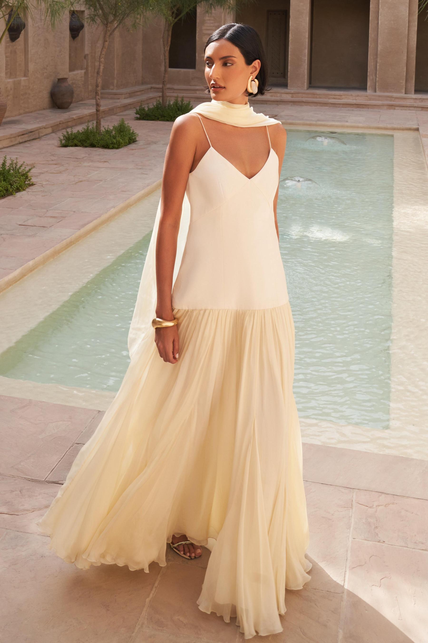 Isha Satin Splicing Chiffon Maxi Dress With Cape