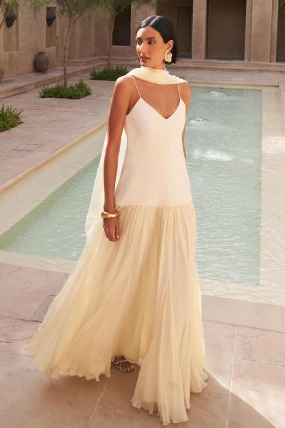 Isha Satin Splicing Chiffon Maxi Dress With Cape