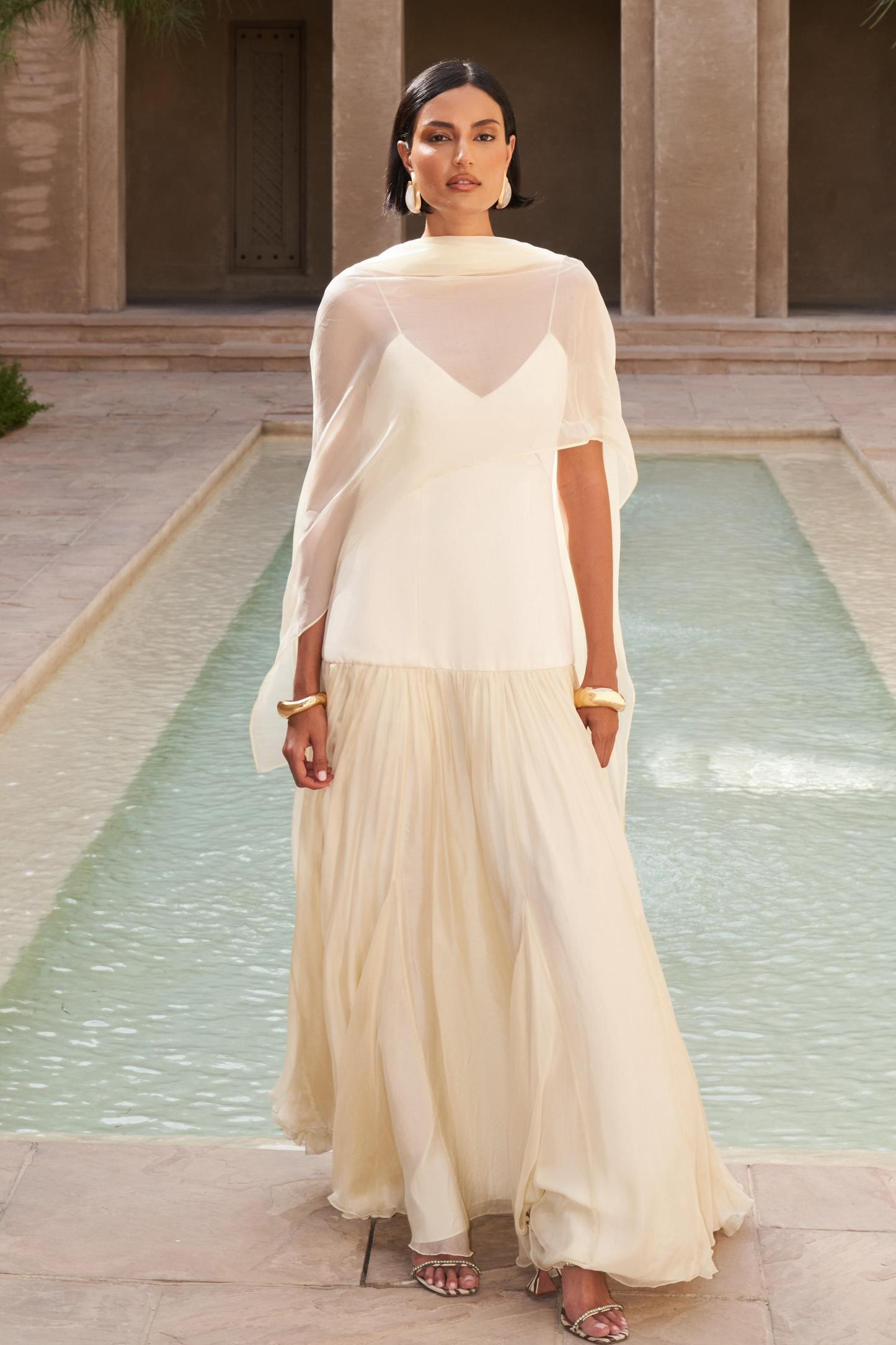 Isha Satin Splicing Chiffon Maxi Dress With Cape