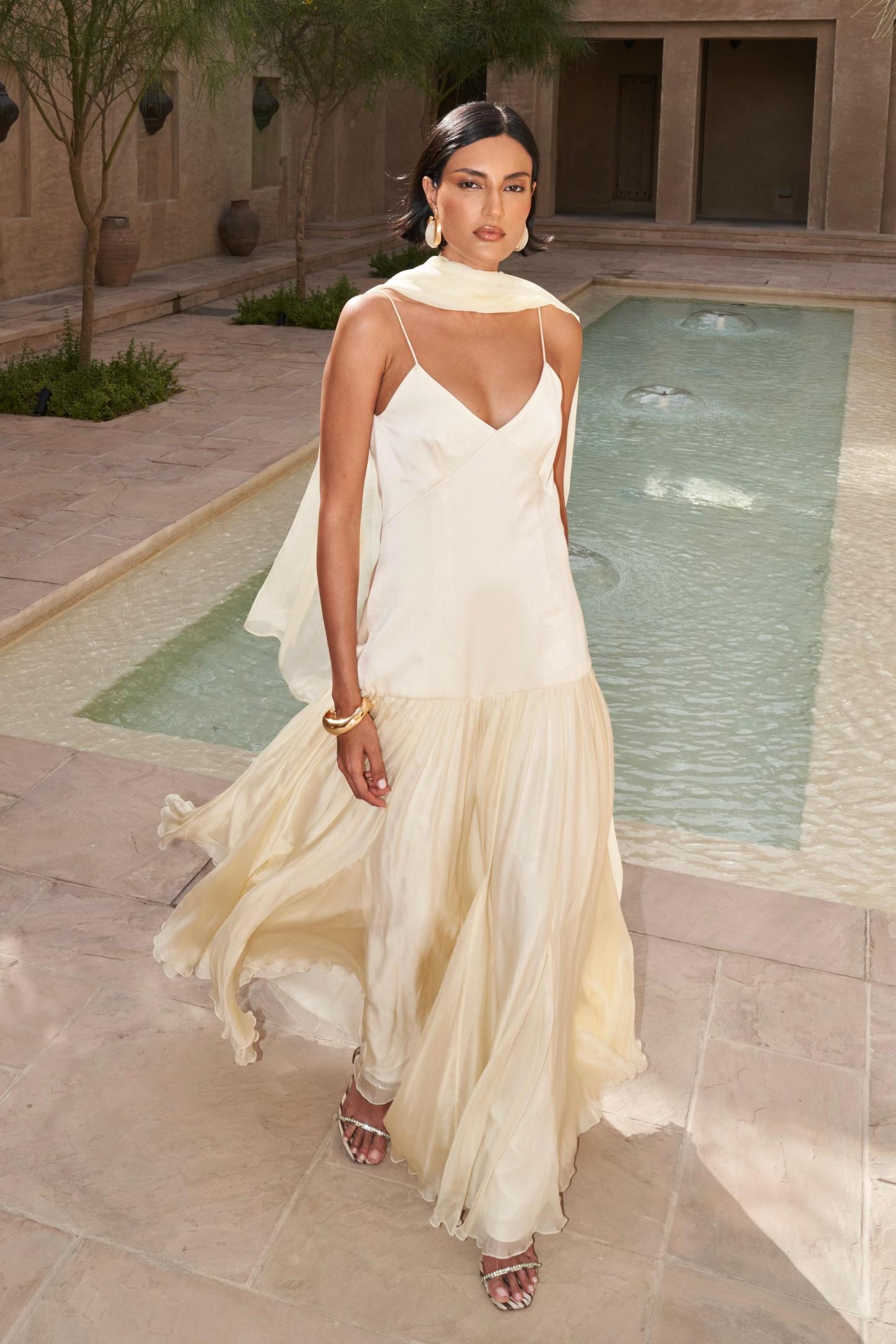 Isha Satin Splicing Chiffon Maxi Dress With Cape