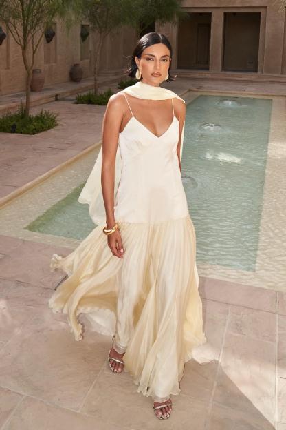 Isha Satin Splicing Chiffon Maxi Dress With Cape