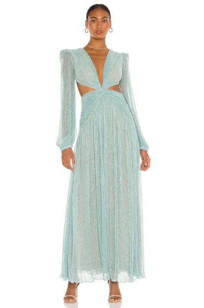 Enriqueta Luxury Pleated V-Neck Cut-Out Maxi Dress