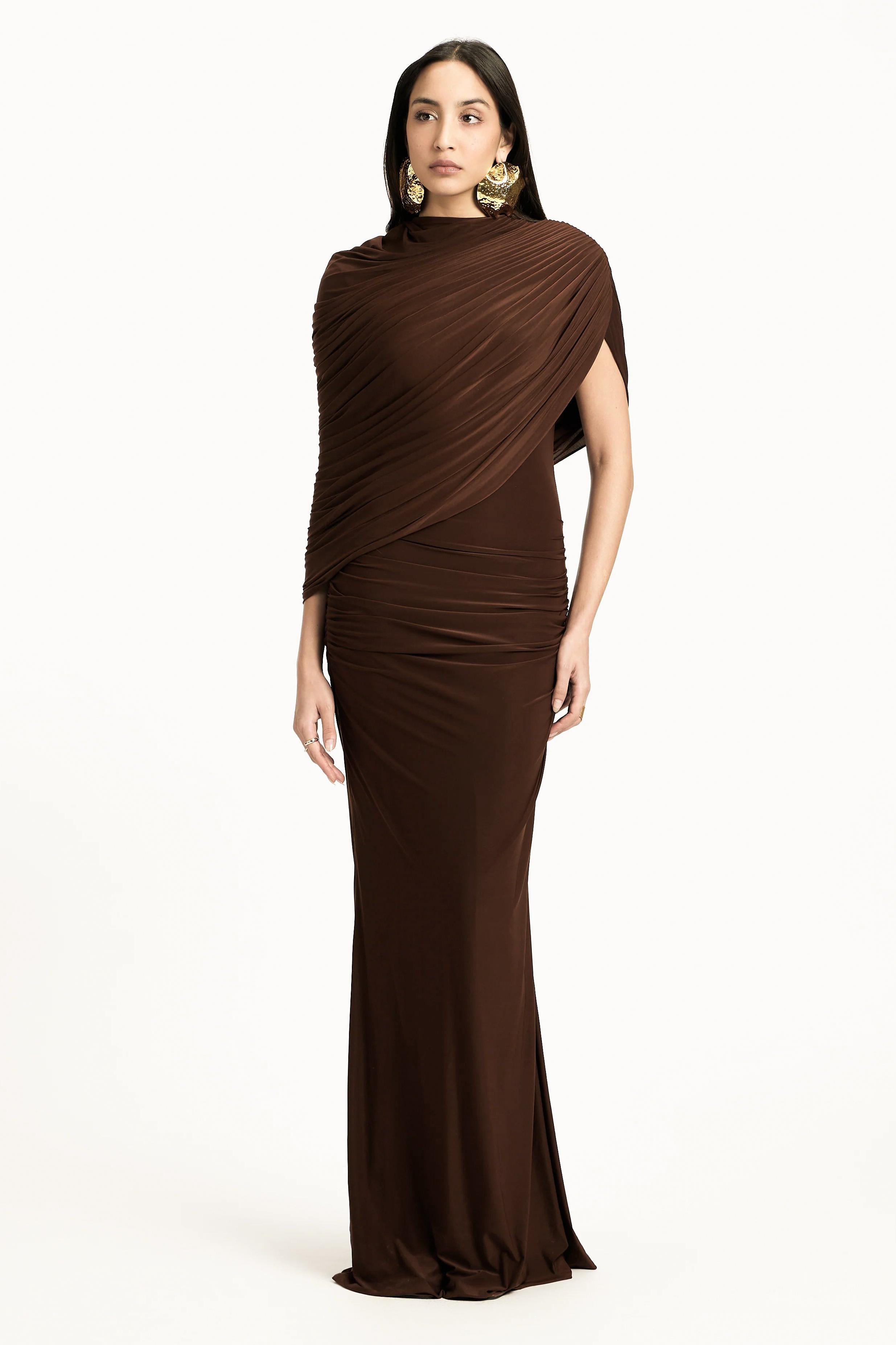 Lillian Jersey Gathering Asymmetrical Maxi Dress