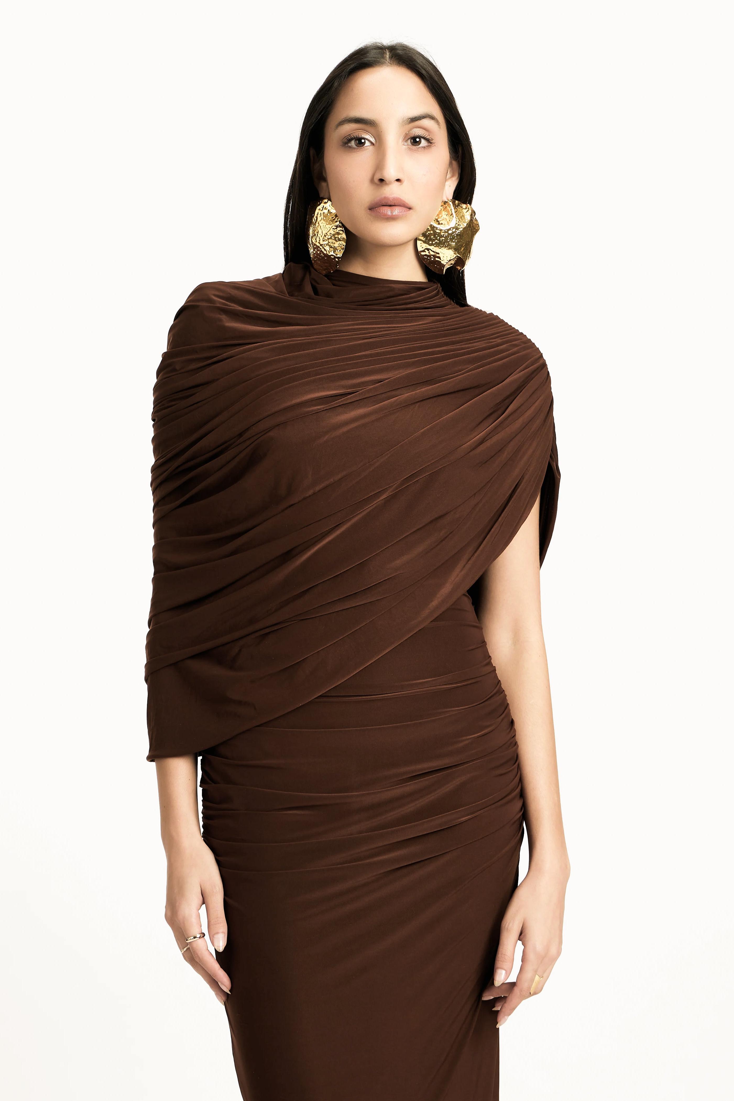 Lillian Jersey Gathering Asymmetrical Maxi Dress