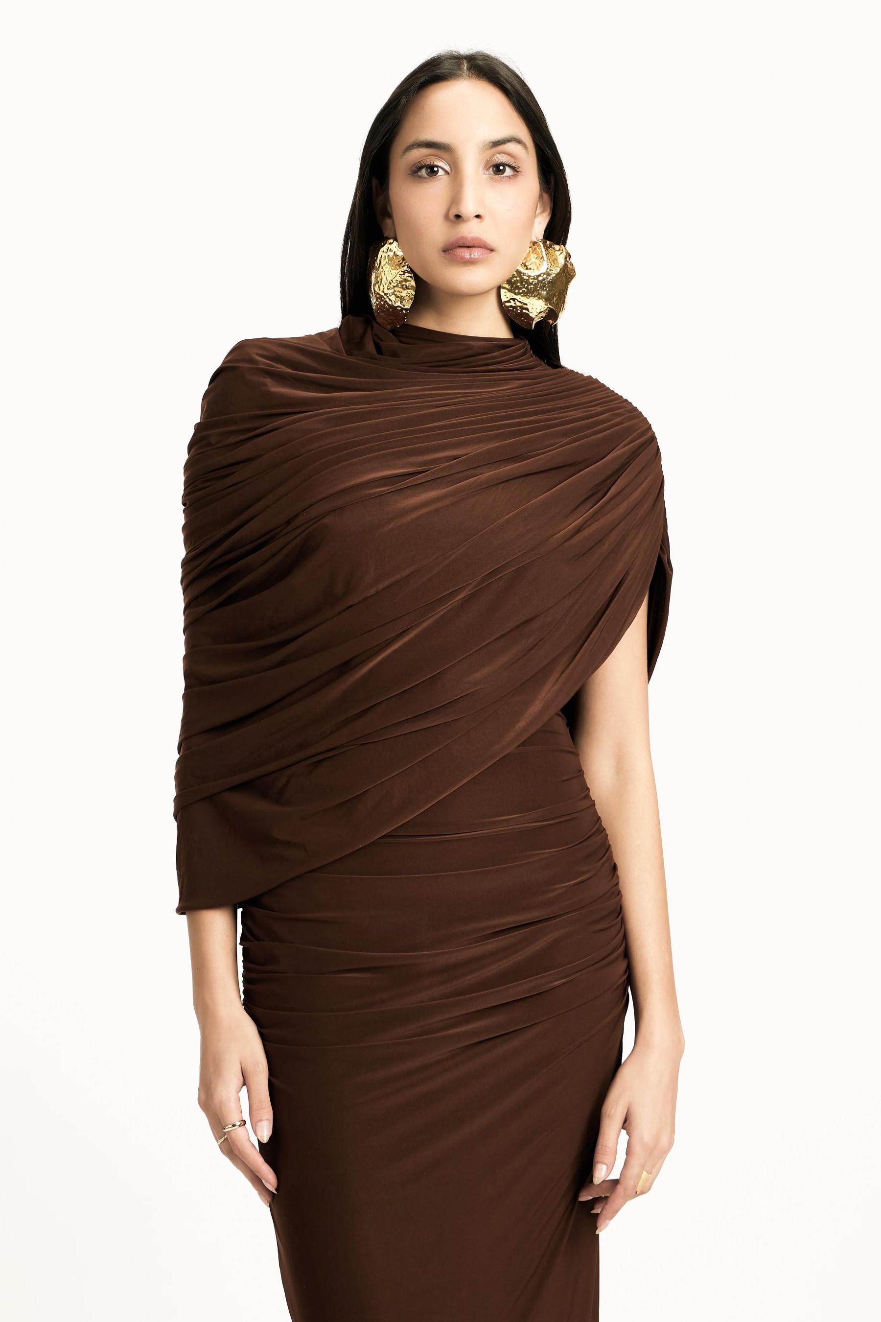 Lillian Jersey Gathering Asymmetrical Maxi Dress