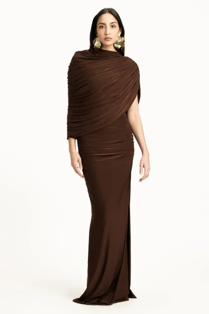 Lillian Jersey Gathering Asymmetrical Maxi Dress
