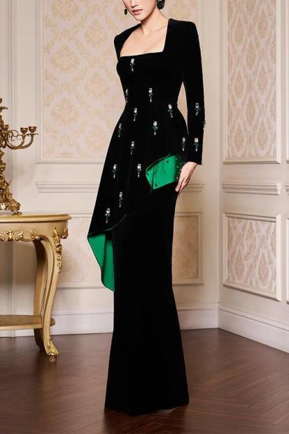 Edna Contrast Color Rhinestone Square Collar Maxi Dress