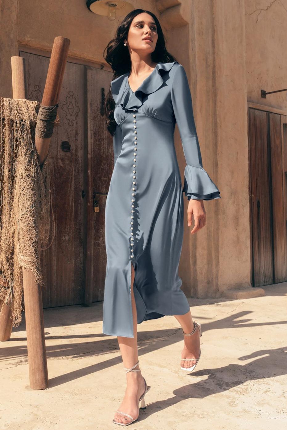 Katia Solid Ruffle Faux Pearl Midi Dress