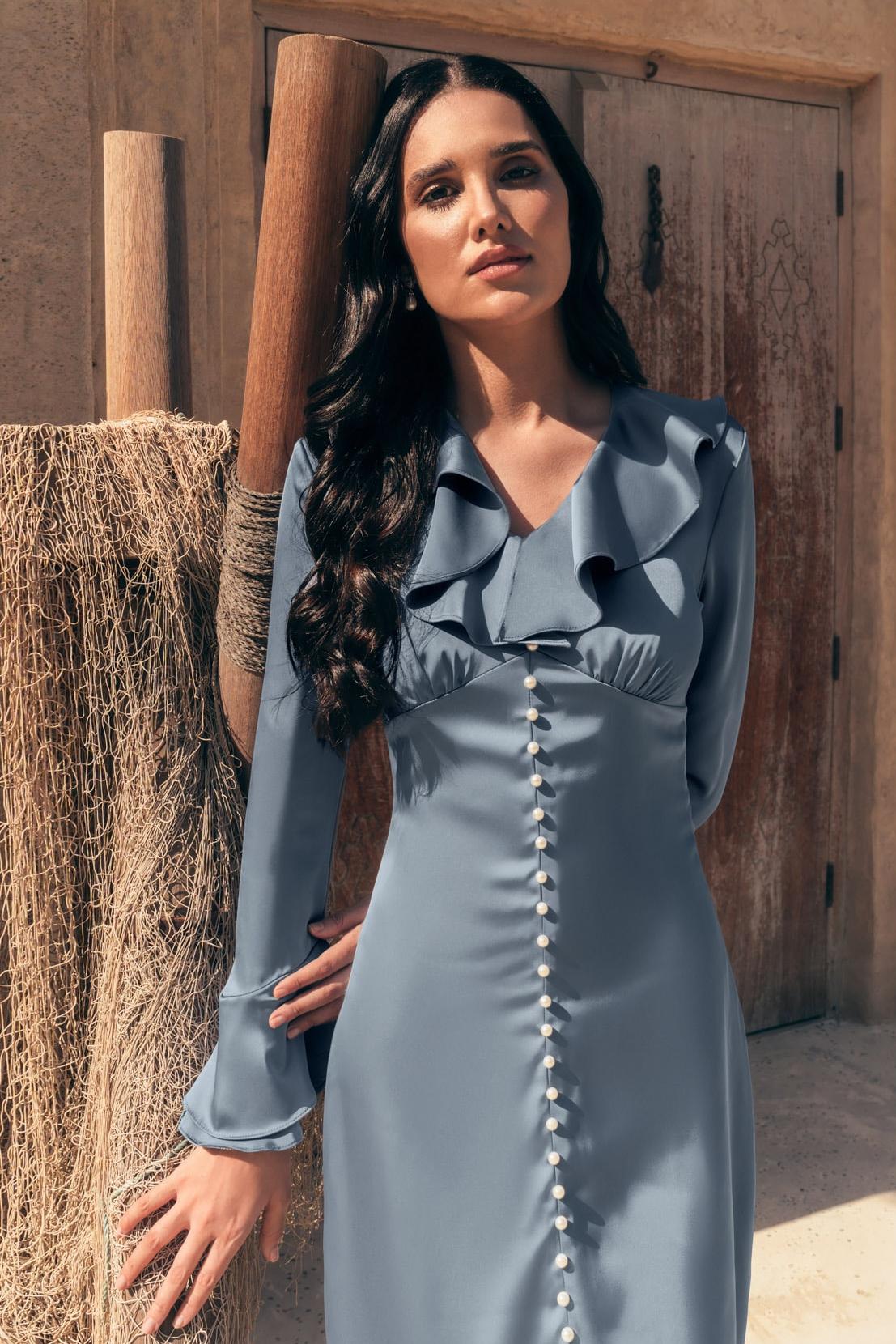 Katia Solid Ruffle Faux Pearl Midi Dress