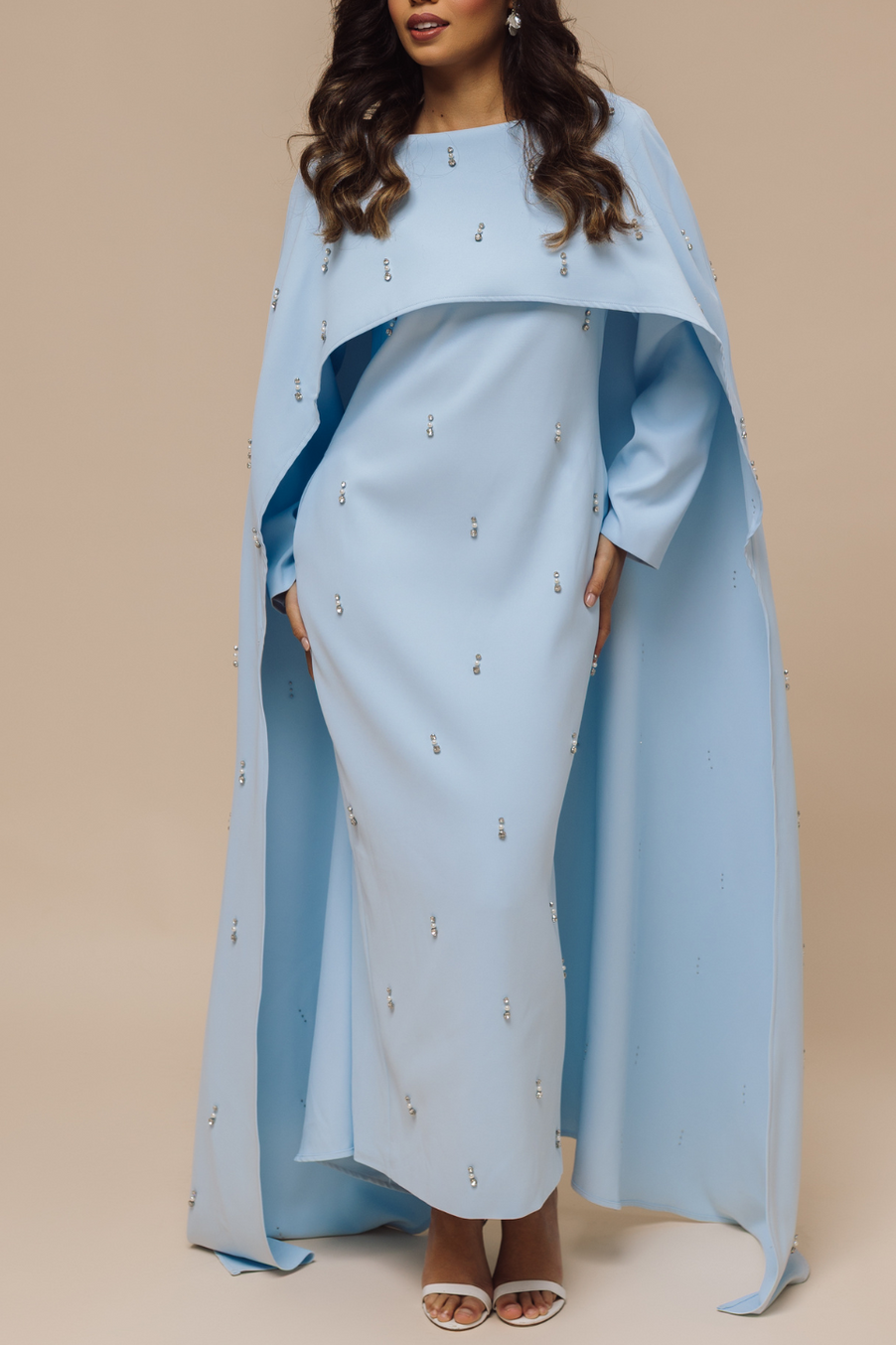 Bridget Solid Rhinestone Long Sleeve Maxi Dress With Cape