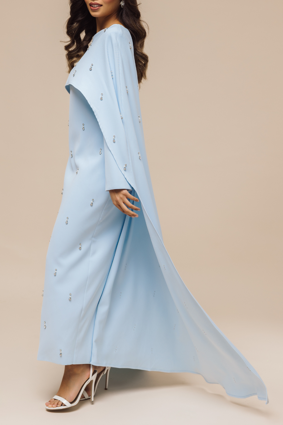 Bridget Solid Rhinestone Long Sleeve Maxi Dress With Cape