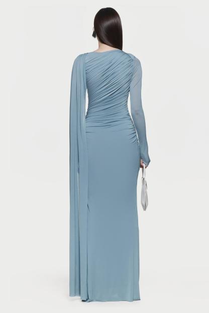 Christie Solid Gathering Metal Button Cape Sleeve Maxi Dress