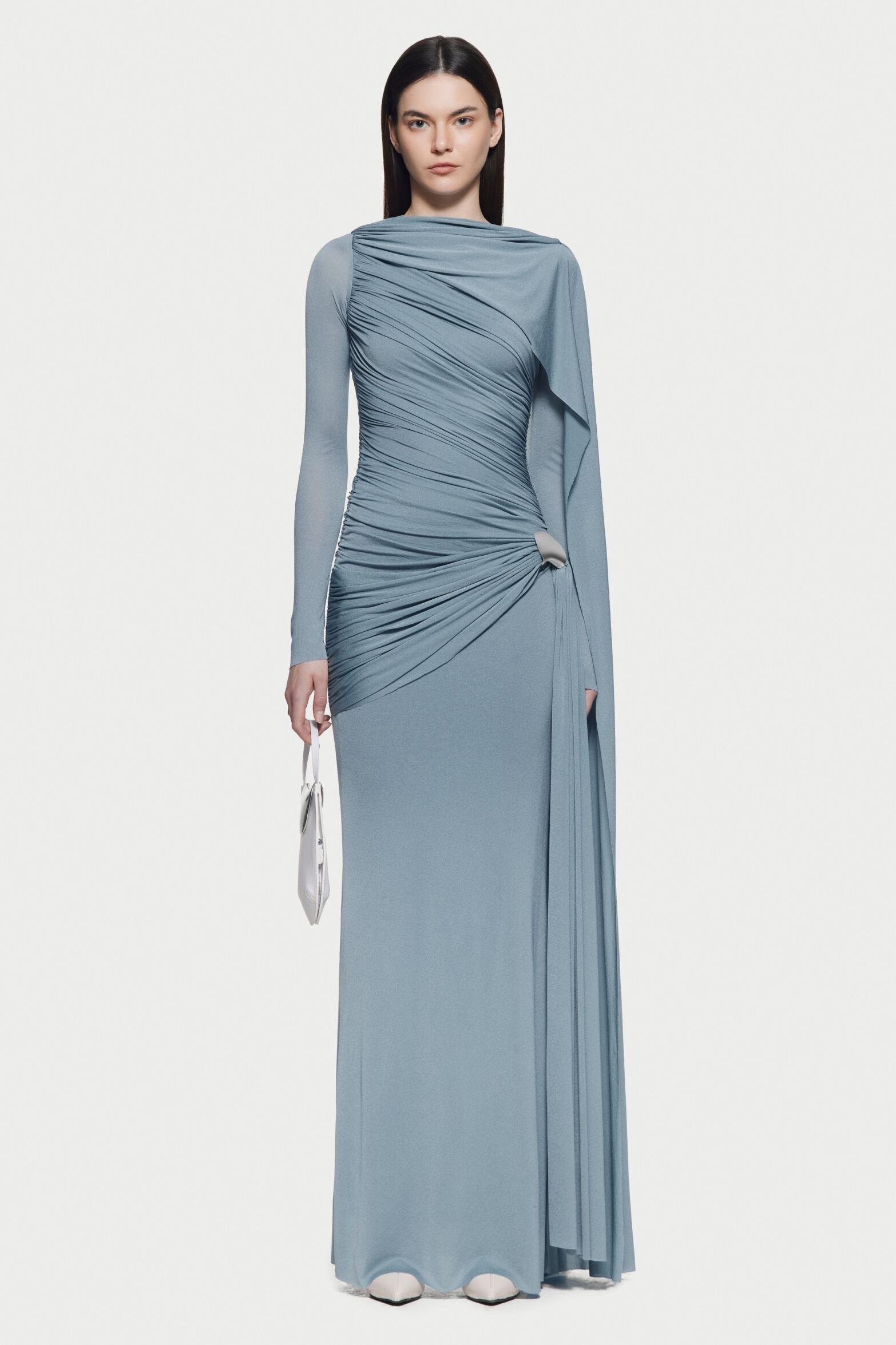 Christie Solid Gathering Metal Button Cape Sleeve Maxi Dress