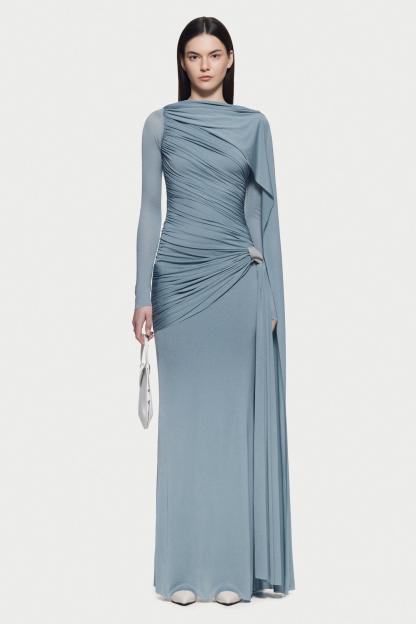 Christie Solid Gathering Metal Button Cape Sleeve Maxi Dress