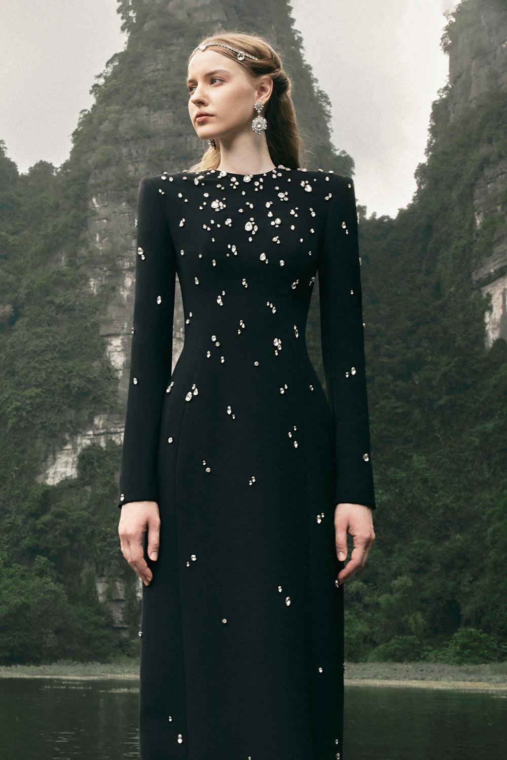 Delilah Rhinestone Rivets Long Sleeve Maxi Dress