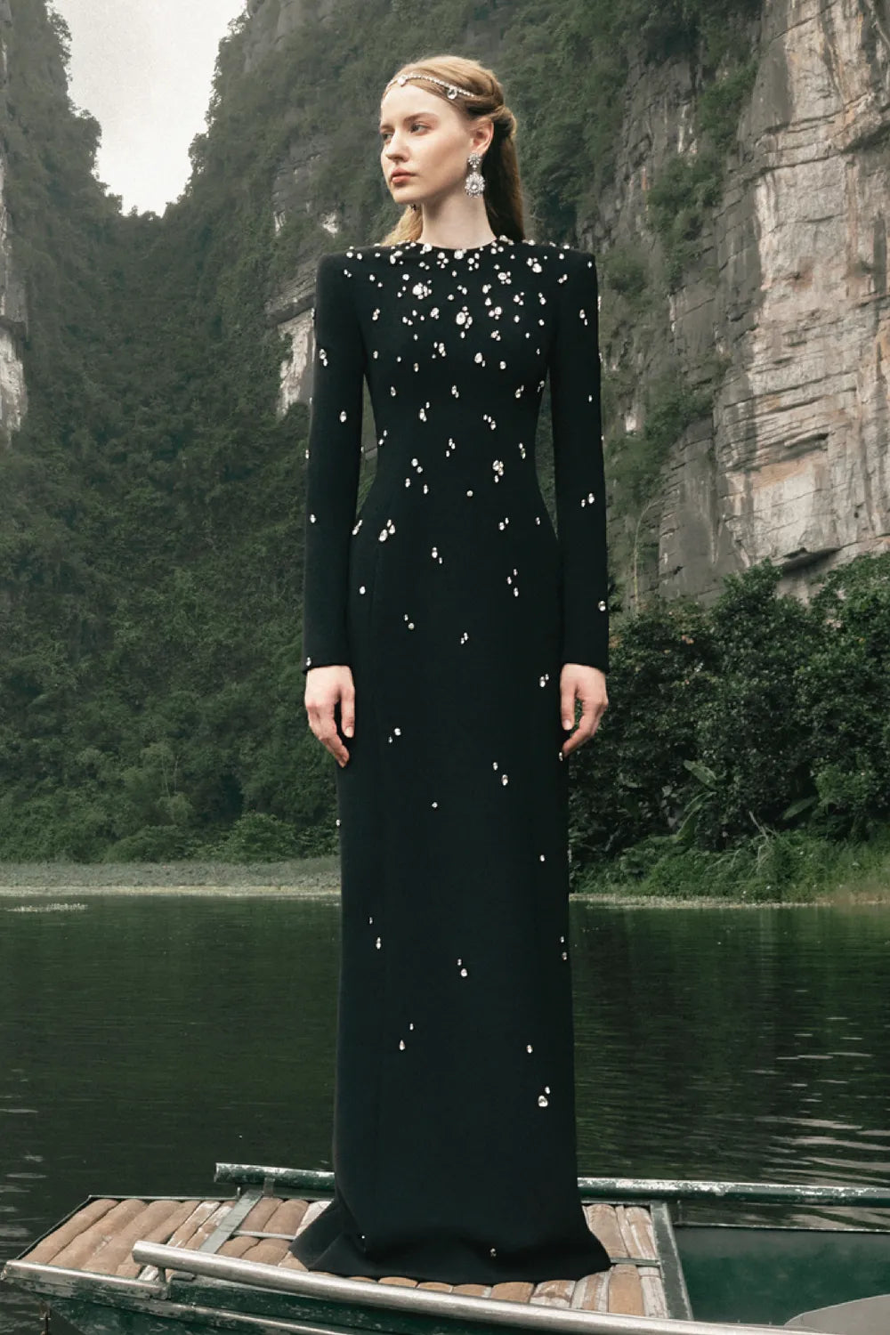 Delilah Rhinestone Rivets Long Sleeve Maxi Dress