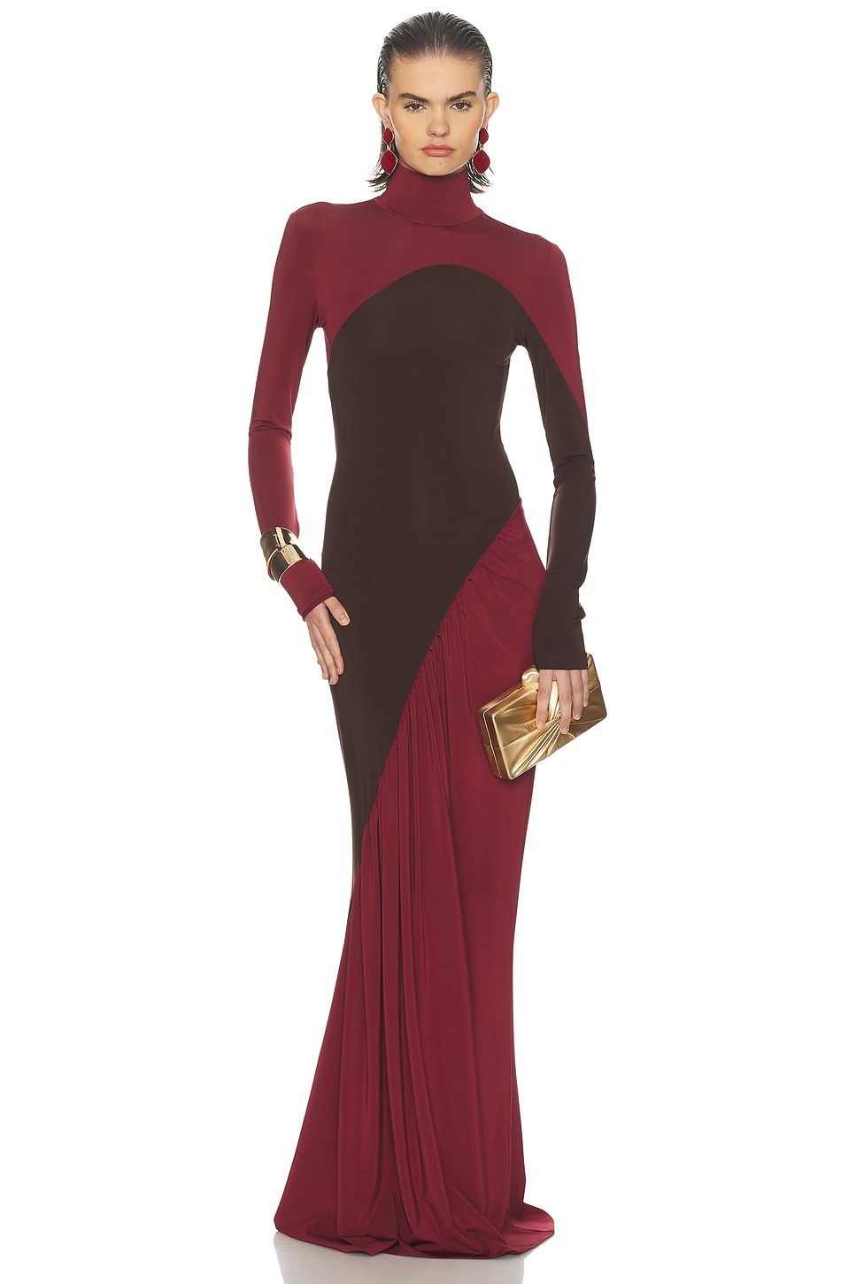 Kathleen Contrast Color Long Sleeve High Neck Maxi Dress