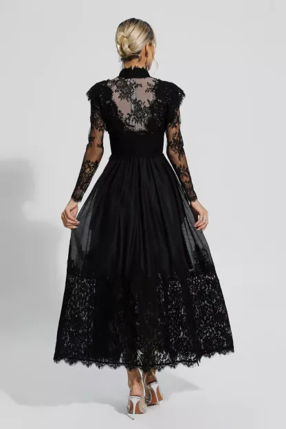Pamela Black Floral Lace Stitching Long Sleeve Dress