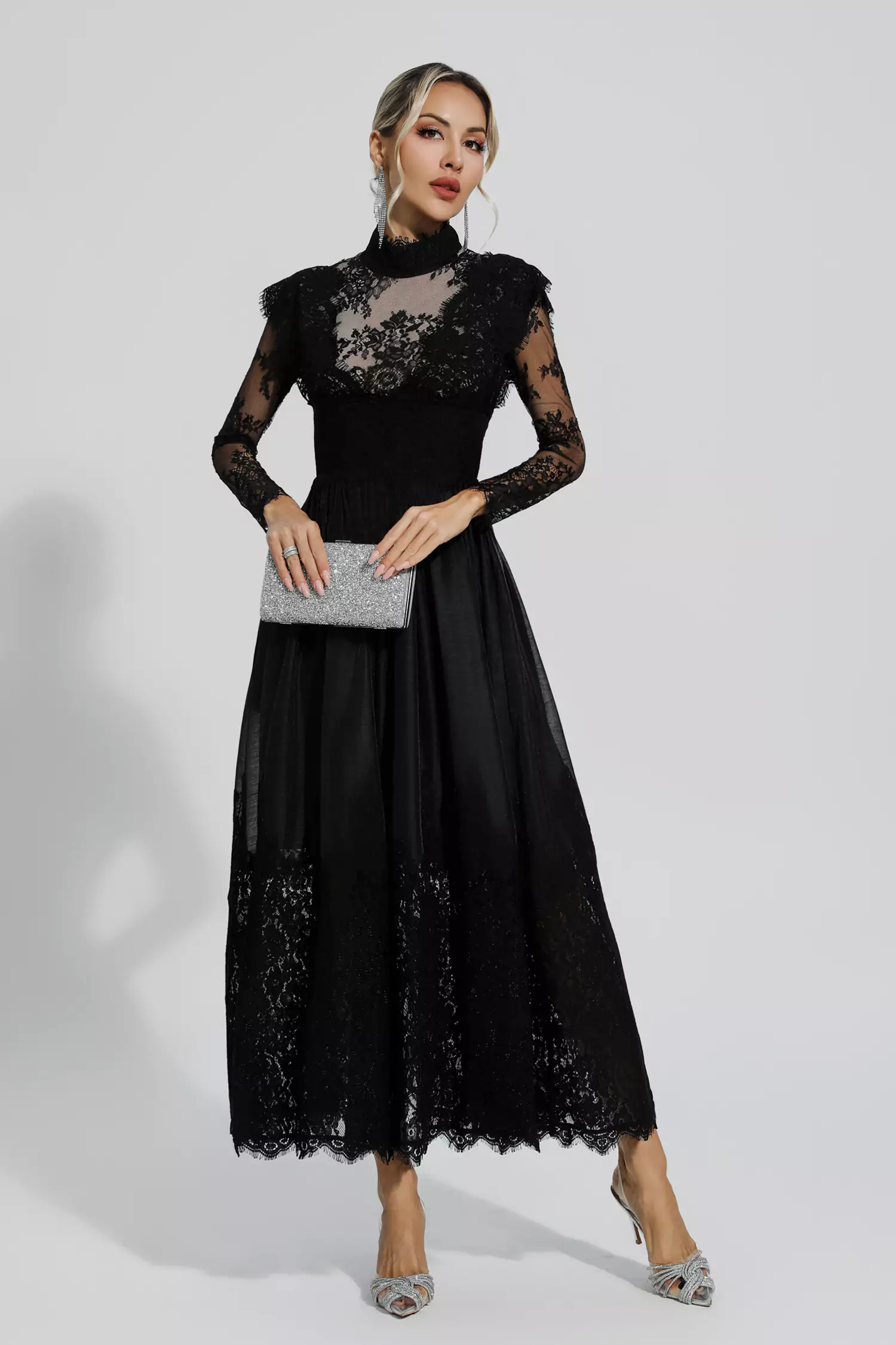 Pamela Black Floral Lace Stitching Long Sleeve Dress