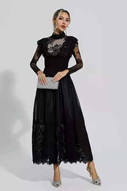 Pamela Black Floral Lace Stitching Long Sleeve Dress