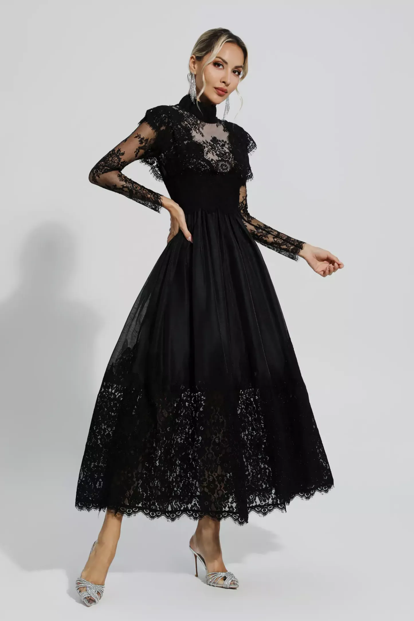 Pamela Black Floral Lace Stitching Long Sleeve Dress