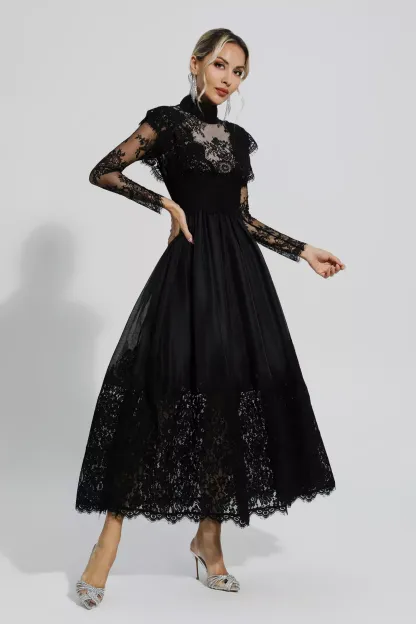 Pamela Black Floral Lace Stitching Long Sleeve Dress