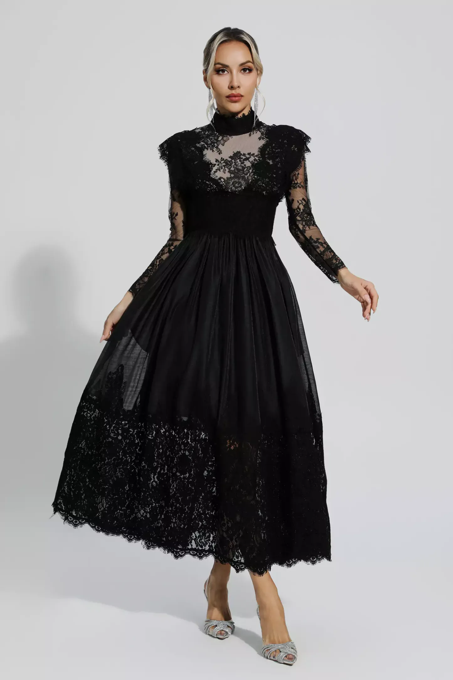 Pamela Black Floral Lace Stitching Long Sleeve Dress