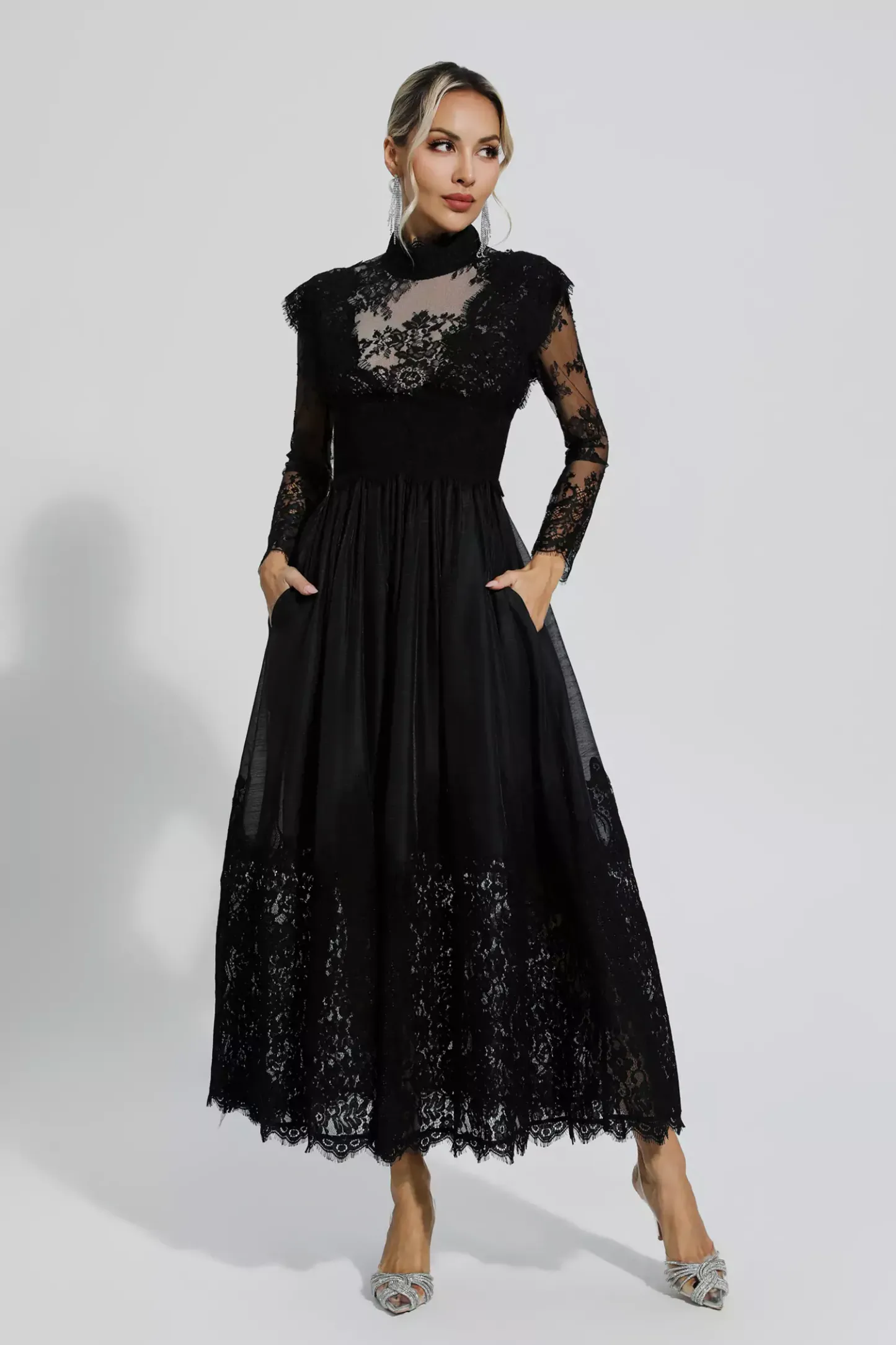 Pamela Black Floral Lace Stitching Long Sleeve Dress