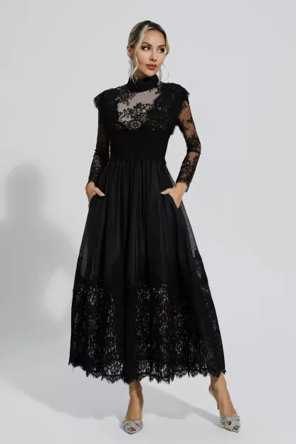 Pamela Black Floral Lace Stitching Long Sleeve Dress