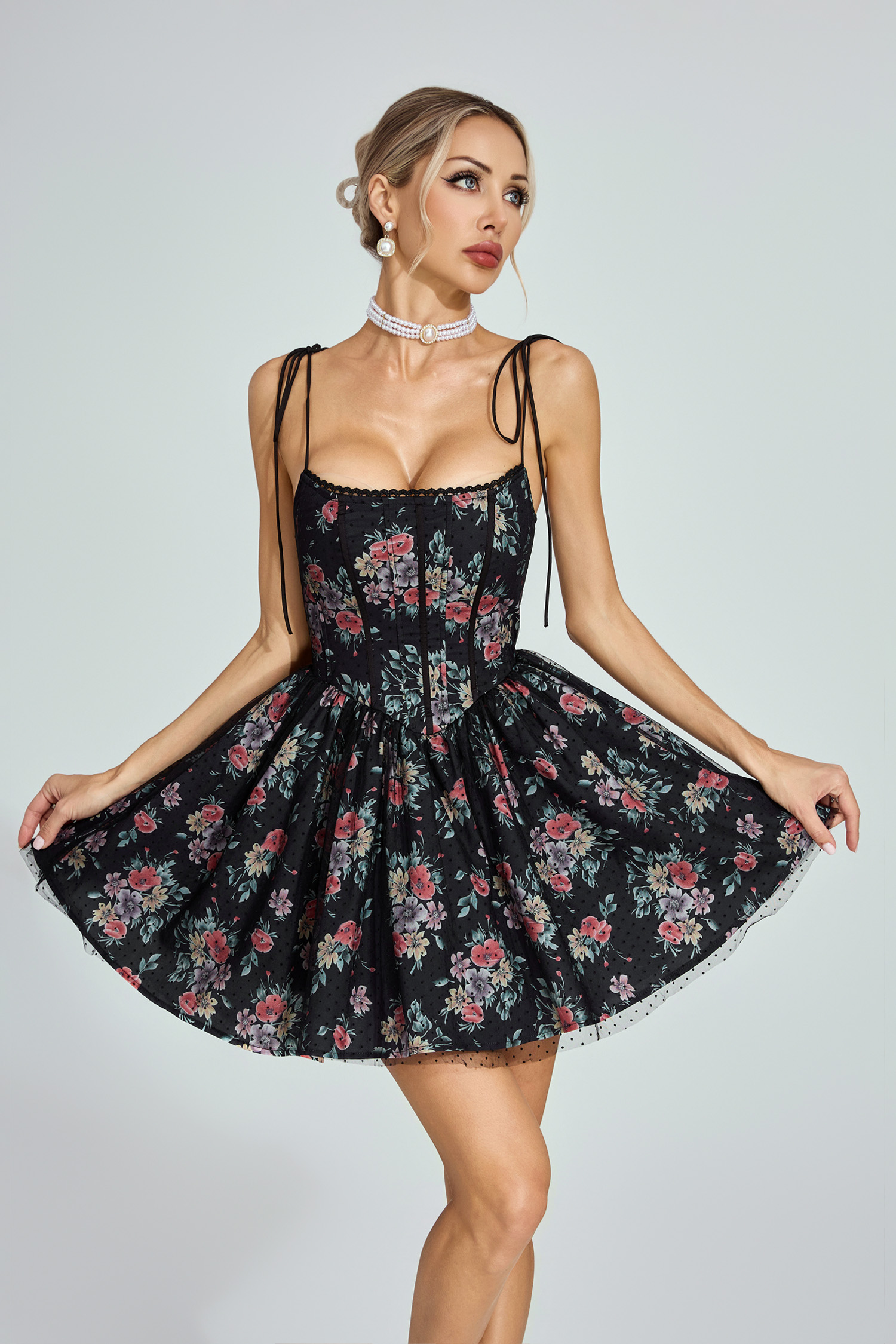 Paula Black Floral Tulle Mini Dress